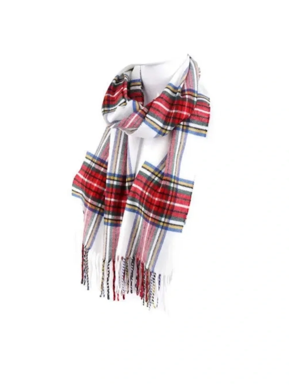 Jeffrey banks White Plaid Fringe Scarf with Red & Blue Accents